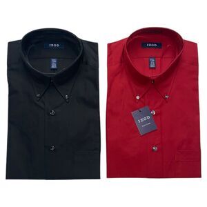 Mens Izod Dress Shirts Button Down Regular Fit Black Red Size Medium 15.5 32/33